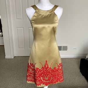 BADGLEY MISHKA - gold dress w red trim detail - US2